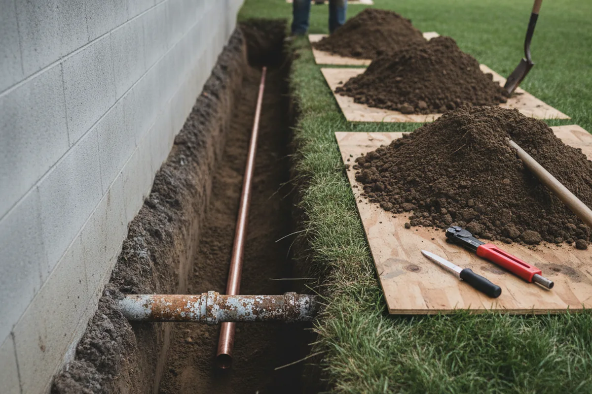 Excavated water line trench during Sewer Line Repair in Minden